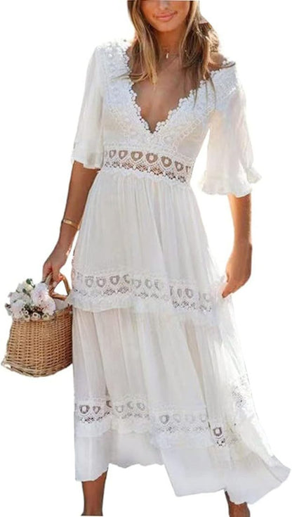 Marika™ | Abito patchwork in pizzo con scollo a V